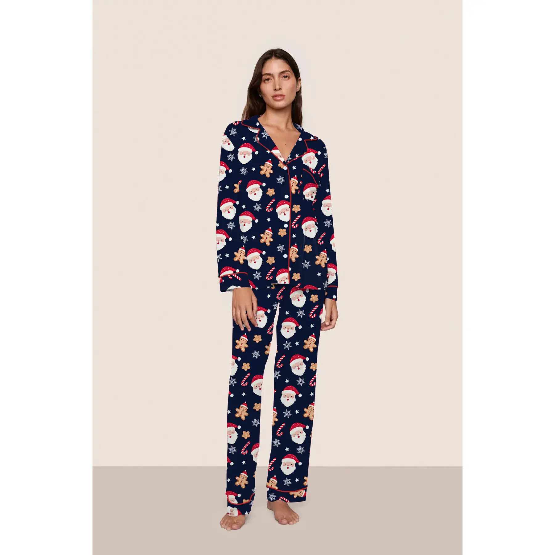 [Christmas Vibe Max!] Cute Santa & Gingerbread Man Printed Long-Sleeve Pajama Set for Women - Winter Warm Comfortable Loungewear, Christmas-Themed Navy Blue Two-Piece Pajamas with Red-Trimmed Buttons