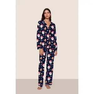 [Christmas Vibe Max!] Cute Santa & Gingerbread Man Printed Long-Sleeve Pajama Set for Women - Winter Warm Comfortable Loungewear, Christmas-Themed Navy Blue Two-Piece Pajamas with Red-Trimmed Buttons