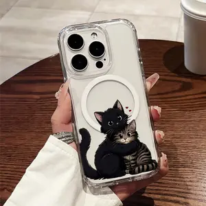 Phone case: Warm Cartoon Cats Hugging with Hearts Transparent Thickened Shockproof Hard Case with Magnetic Ring Supports Wireless Charging foriPhone 17 E Air Pro ProMax iPhone16 15 14 Plus 13 12 11 X XS XR- A Top Choice for Fresh and Stylish Gifts
