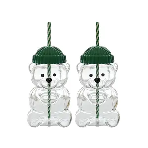 20oz Bear Glass Cup with Straw,Clear Bear Tumbler with Lid, Festive Valentine's Day Drinkware for Coffee, Tea & Iced Drinks,Perfect Birthday Gift
