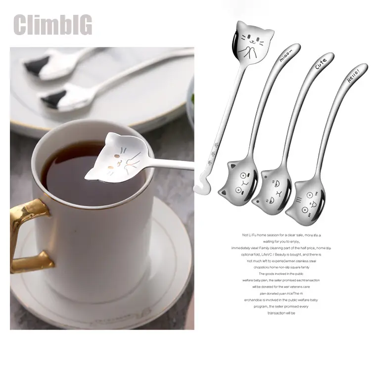 2pcs/4pcs Cute Cat Stainless Steel Long-Handled Dessert Spoon, Reusable Camping Spoon, Portable Travel Cutlery, Outdoor Picnic Utensil, Gift for Cat Lovers, Kitchen Accessory, Café Spoon