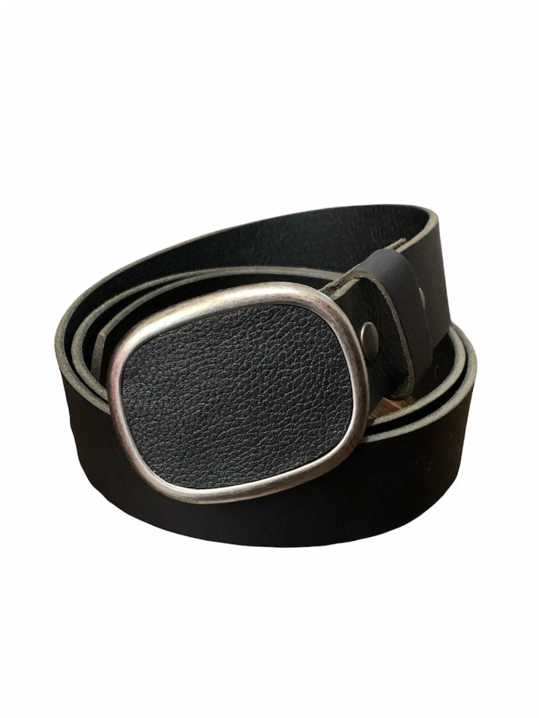 Pebbled Black Leather Oval Belt Buckle