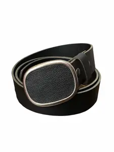 Pebbled Black Leather Oval Belt Buckle