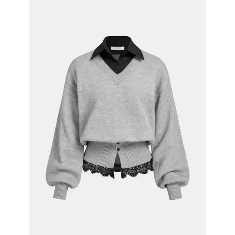 COMMENSE Women's 1 Piece Casual Long Sleeve Knitwear Pullover Top - Collared Neck, Lace Hem, Detailed Hemline