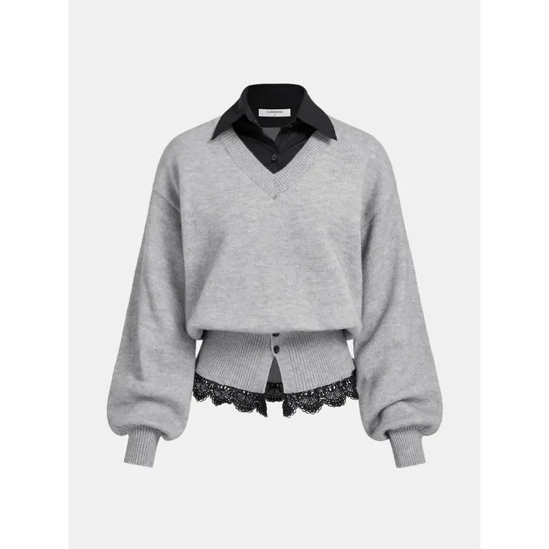 COMMENSE Women's 1 Piece Casual Long Sleeve Knitwear Pullover Top - Collared Neck, Lace Hem, Detailed Hemline