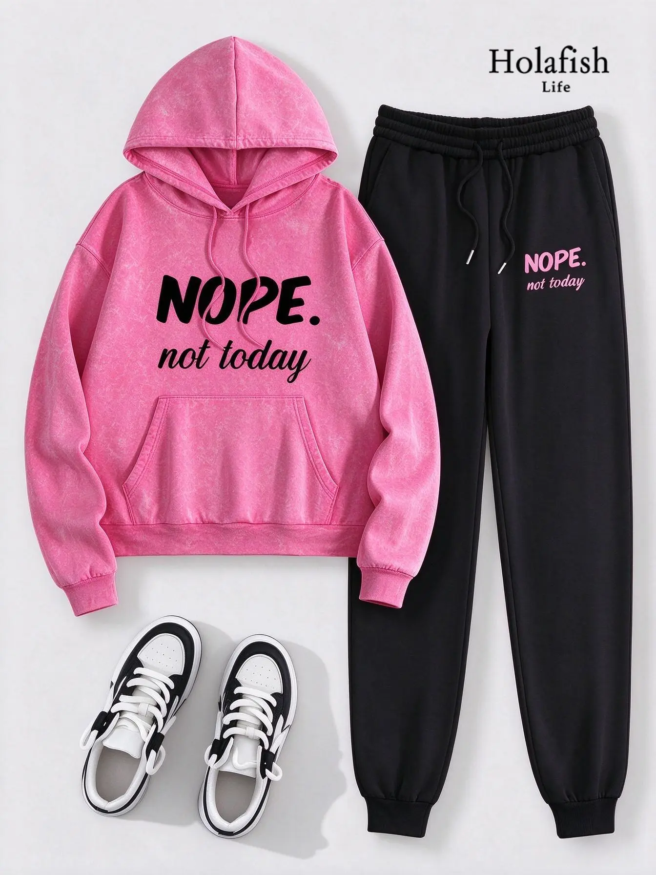 Holafish Women's Oversized Outfit Set, Acid Wash Hoodie & Jogger Long Pants, "NOPE not today" Graphic Tracksuit, Casual Streetwear Loungewear Set, Holiday Gift