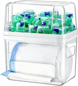 Trash Bag Dispenser Laundry Pods Container 3 in 1 Garbage Bag Organizer & Dishwasher Pod Cleaner Tablets Holder Clear Acrylic Pantry Organizers Storage Box Kitchen Under Sink Organizer,Valentine's Day gift