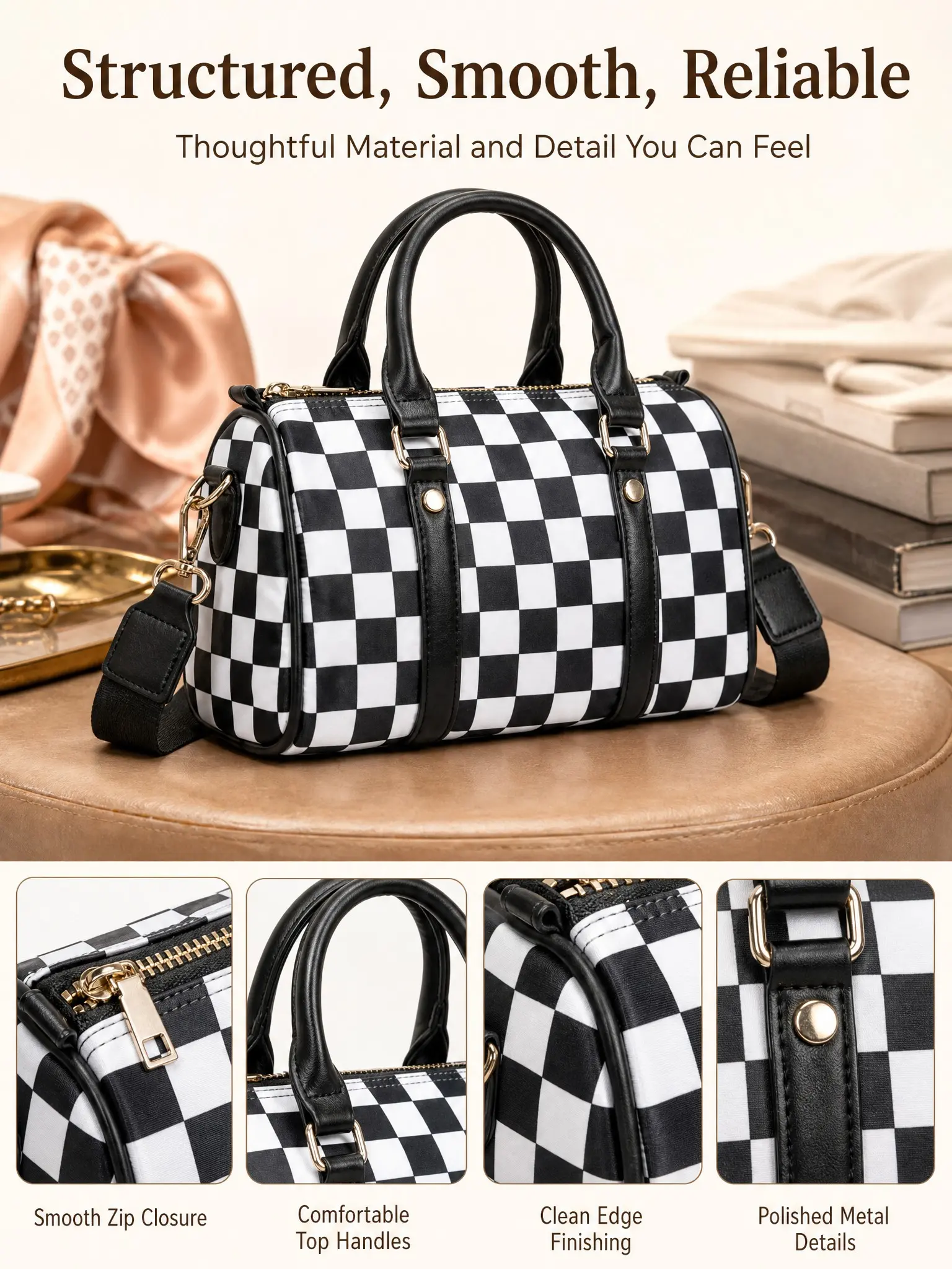 1pc Checkered Boston Bag, Stylish Crossbody Shoulder Handbag with Large Capacity, Retro Travel Satchel Purse for Daily Use, Work, Shopping, Dating & Commute, Trendy Gift Bag for Women and Girls, Fashionable Patterned Bag