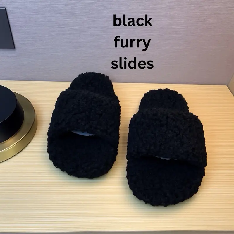 Black furry winter slides WICKED COZY