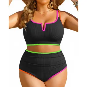 Women Plus Size High Waisted Bikini - Ribbed Two Piece Swimsuit Tummy Control Bathing Suit V-Wired 2026 Swimwear