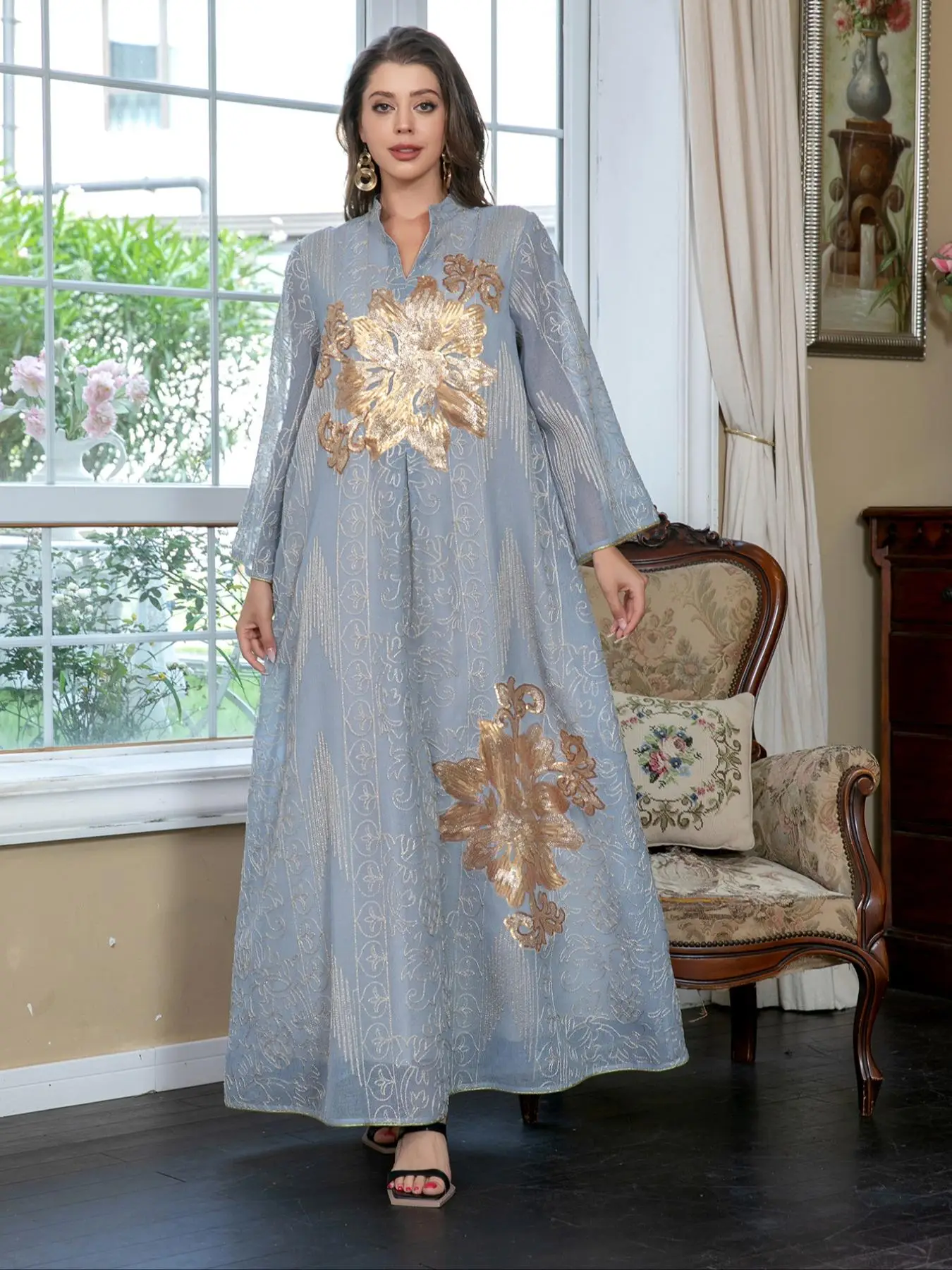 Women's Elegant Floral Long Sleeve Dress, V Neck Mesh Jalabiya Gown, All Season Woven Fabric, Fitted Luxury Style