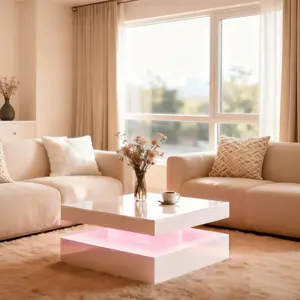 Modern White Glossy Coffee Table With 16-Color RGB LED Lights, Contemporary Center Cocktail Table Featuring Two Sliding Storage Drawers, High Gloss Finish, Remote Control For Living Room Or Reception Area