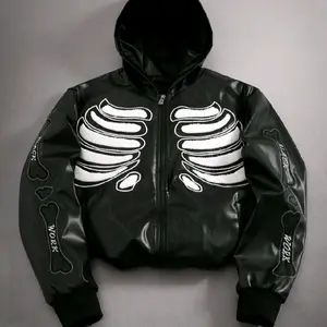 Bahsnbones Wintercoat with Style - Black Faux Leather Hooded Jacket with White Skeleton Print for Men