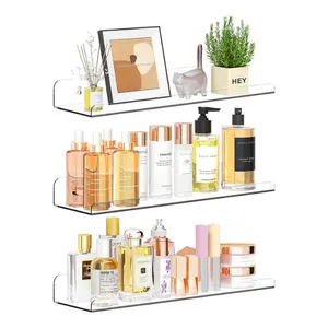 Qukaka Floating Shelves for Wall Decor, 15" Extra Clear Wall Shelves for Bedroom, Living Room, Kitchen, Bathroom Decor, Nail Polish/Book/Decoration/Makeup/Perfume Organizer Floating Shelf-3Pack