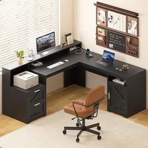 63" Farmhouse L Shaped Desk with Drawers & Storage Shelf, Corner Computer Desk with Power Outlets for Home Office, Executive Desk with Monitor Stand, Printer Shelf