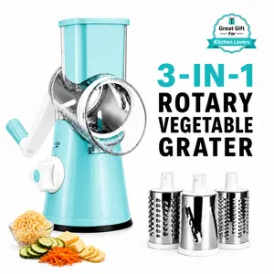 MIUVA 3-in-1 Rotary Cheese Grater with Hand Crank, Interchangeable Stainless Steel Drum Blades, Strong Suction Base, Easy-to-Use Vegetable Slicer Shredder Grater for Cheese, Potatoes, Carrots, Cucumbers