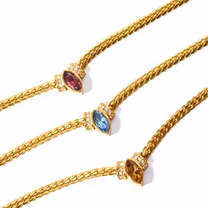 Women's Titanium Steel Electroplated Marquise Cut Embedded Stones Clavicular Necklace - Snake Bone Basic Chain, Ideal for Layering and Gifting, Clavicular Necklaces, Embedded Stones Necklaces