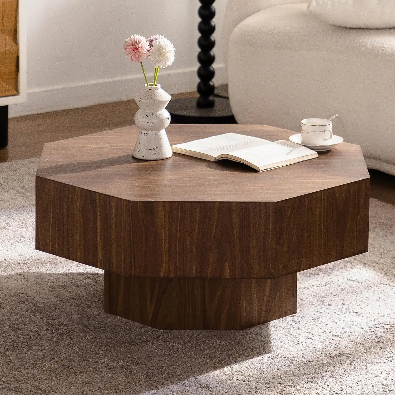 30.51" Wooden Octagonal Coffee Table, Walnut Finish, Modern Pedestal Living Room Table with Open Storage, Corner-Shaped MDF Table for Bedroom, Office, and Lounge, Walnut