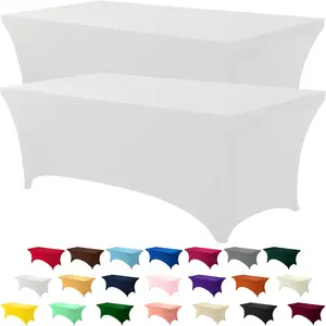 8FT Spandex Tablecloth [2 Pack, White] 200 GSM Stretch, Fitted, Washable and Wrinkle Resistant Table Cloth Rectangle Cover for Trade Shows, Wedding, Parties [96Lx30Wx30H Inch]