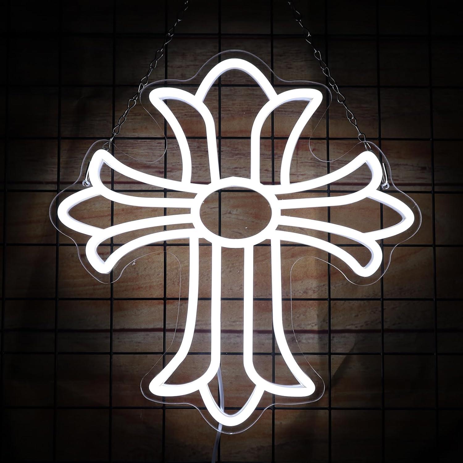 Chrome Hearts Style Cross Neon Sign -Crucifix Decor White LED Wall Decor, Gothic Luxury Inspired Light for Bedroom, Man Cave & Aesthetic Room (12.6"x9.9")