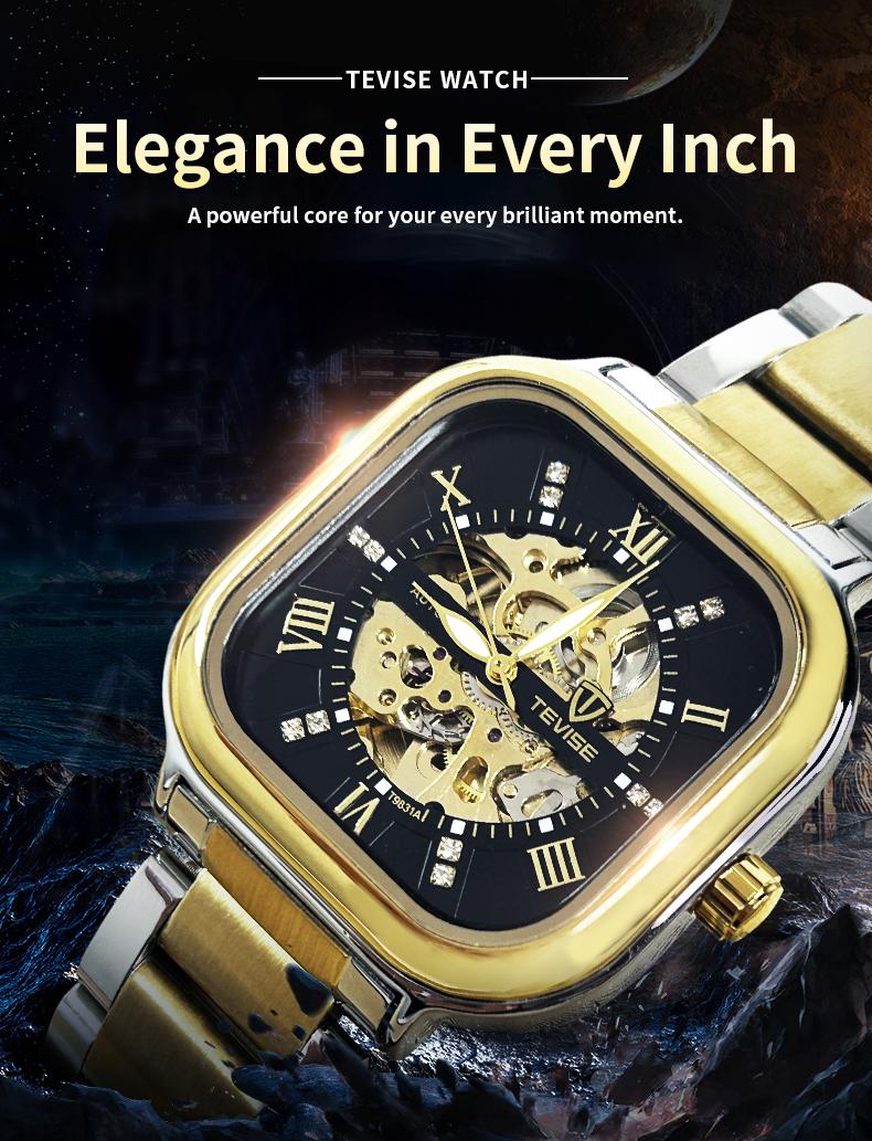 Luxury Men's Skeleton Automatic Watch, Gold Accent, Square Case, Business Stainless Steel Timepiece
