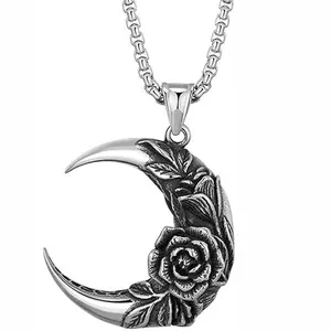 HN077:Hip-Hop Style Necklace,Moon Crescent Shape Rose Flower  Pendent Necklace For Women And Men Cuban Link Chain Jewelry Accessories Jewelry Gifts
