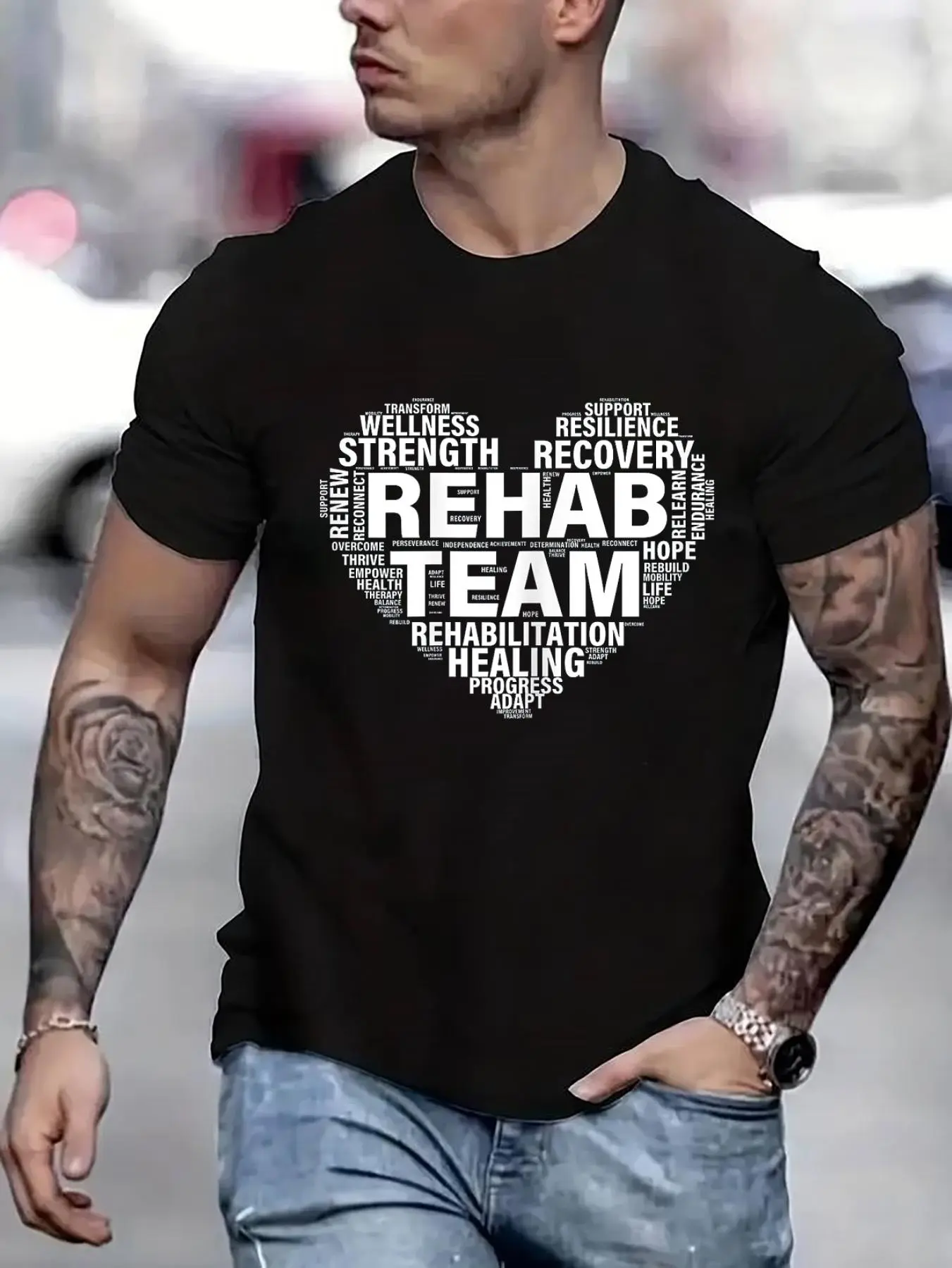 100% cotton Rehab Team Physical Therapy Rehabilitation Awareness Week PT Printed T-shirt, Short-sleeved Crew Neck Casual Top, Suitable For All Seasons, Men's Wear
