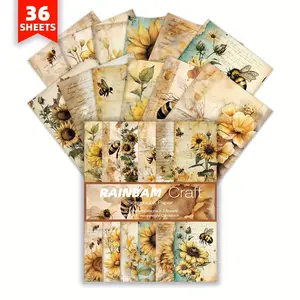 36 Sheets Sunflower Bee Theme Scrapbook, DIY Album Retro Scrapbook Paper, Handbook, DIY Collage Decoration Greeting Card Making Background Paper Craft Supplies Painting Decoration Travel Diary Paper