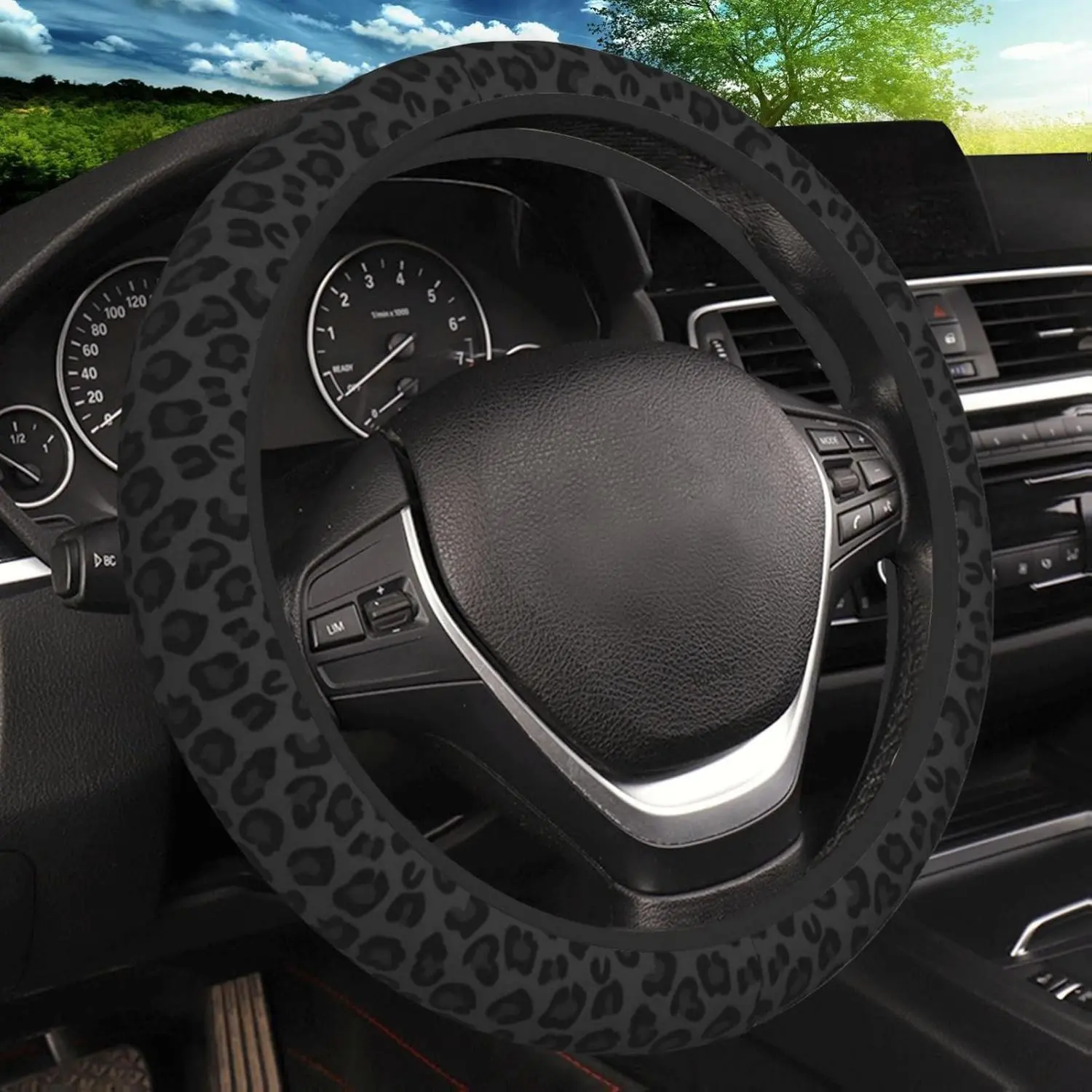 Black Leopard Print Cheetah Elastic Steering Wheel Cover, Non-Slip Breathable Neoprene Steering Wheel Covers, Women Leopard Car Accessories, Universal 15 Inch Fit Auto, Suvs, Truck