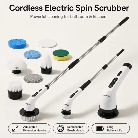 MREGB 2026 New Cordless Electric Spin Scrubber - Aluminum Scrubberbrush, Handheld Rechargeable Tool, Replaceable Brush Heads, Adjustable Extension Handle, Dual Speed, Long Battery Life for Bathroom Deep Clean