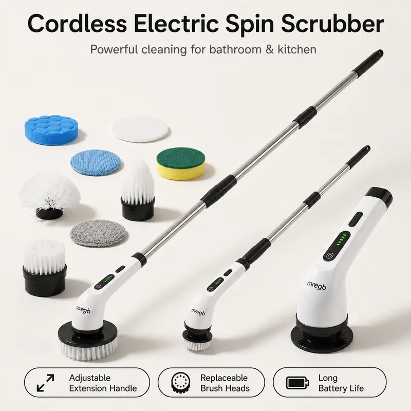 MREGB 2026 New Cordless Electric Spin Scrubber - Aluminum Scrubberbrush, Handheld Rechargeable Tool, Replaceable Brush Heads, Adjustable Extension Handle, Dual Speed, Long Battery Life for Bathroom Deep Clean