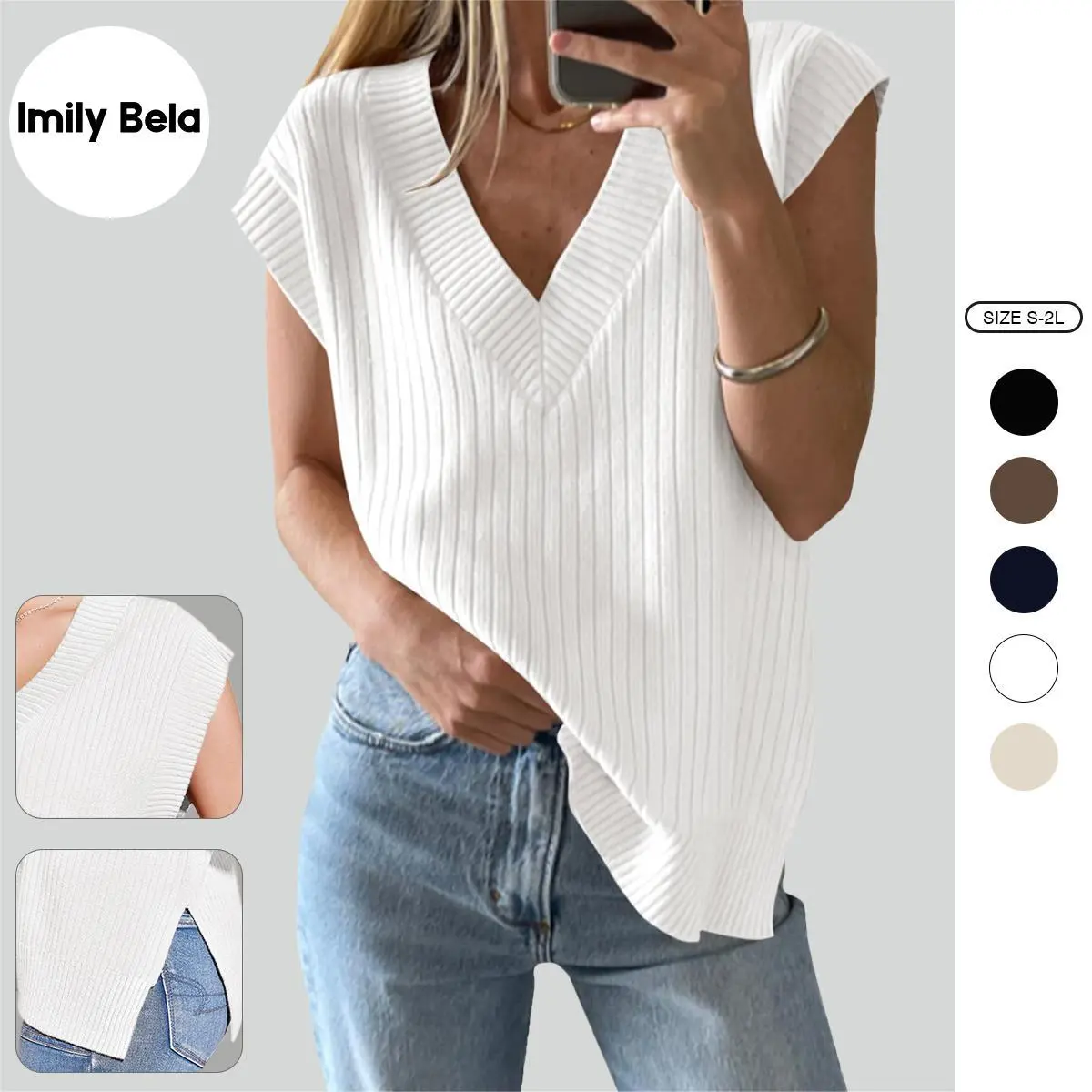 Imily Bela Women's Plain Solid V-Neck Oversized Ribbed Knit Vest - Sleeveless, Split, Cap Sleeve, Loose-Fitting, Lightweight, Basic, Breathable, 49% Viscose Polyester-Nylon Pull-On Tank Top, Plus Size, Hand Wash, Casual for Shirts, Leggings