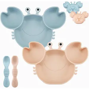 2 Pack Silicone Suction Plate for Baby, Divided Unbreakable Toddler Food Plate with 2 Pack Spoons for Self Feeding, Toddler Utensils Feeding Set Baby Eating Supplies, Crab Shape (Blue&Pink)