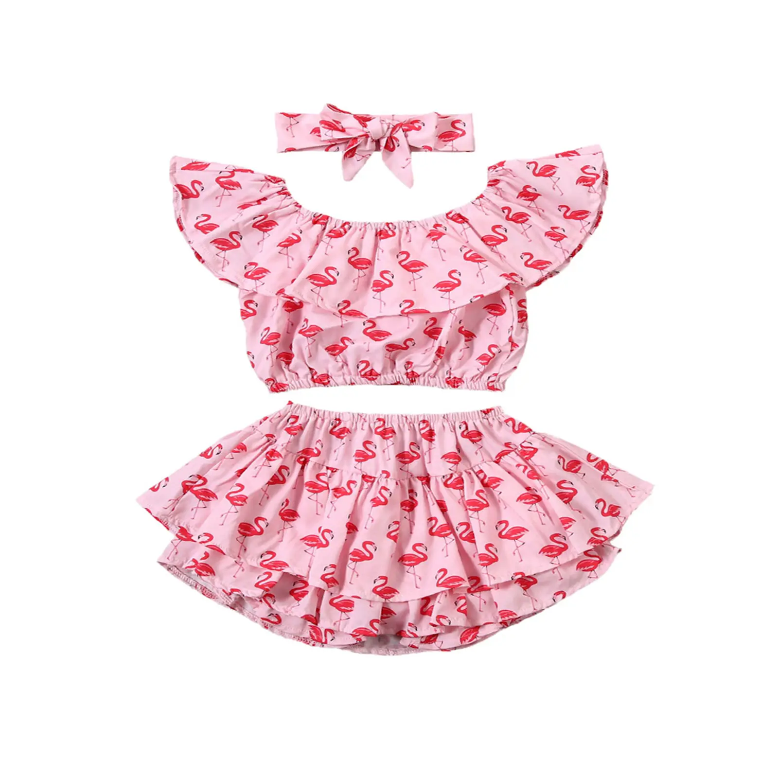 3Pcs Set Baby Girl Off Shoulder Crop Top Blouse + Flamingo Print Skirt + Headband Summer Outfit