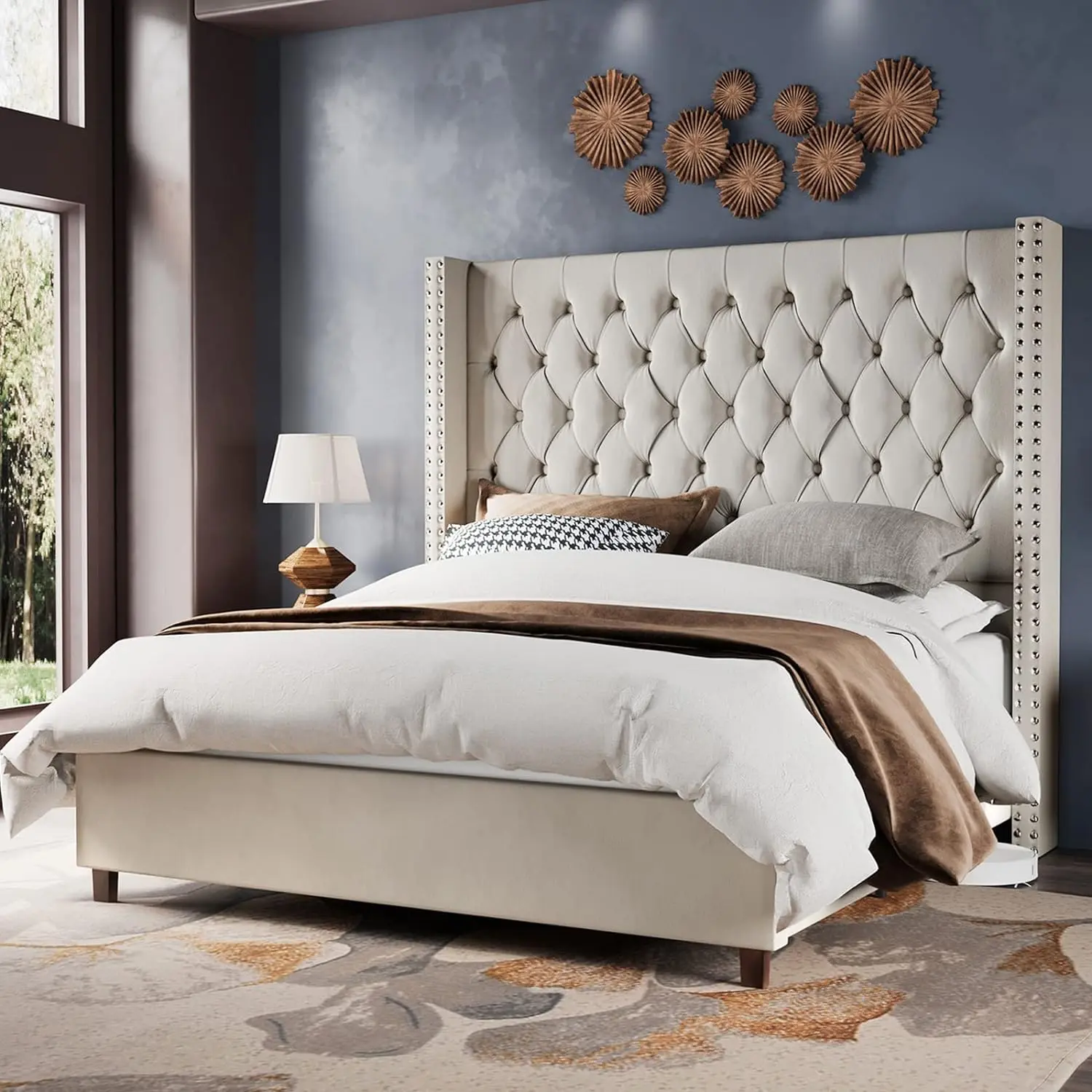 AMERLIFE Velvet Upholstered Bed Frame 61.4" Tall Headborad Bed Frame/Deep Button Tufted/No Box Spring Needed,Best Gift Ideas/Christmas Gifts