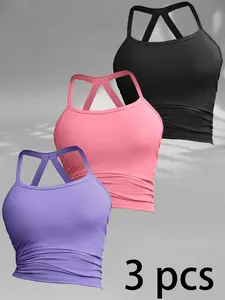 3-Pack Women's Cross Back Long Stretch Sports Bra with Built in Non-Removable Pads for Gym Wear