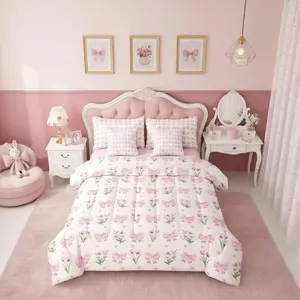 Kawaii Bowknot 7 Piece Bedding Set,Floral Ribbon Bow Comforter Bed Set with Sheets,Bow Tie Bed Bag,Pink Tulips Bed Set with 2 Pillowcases