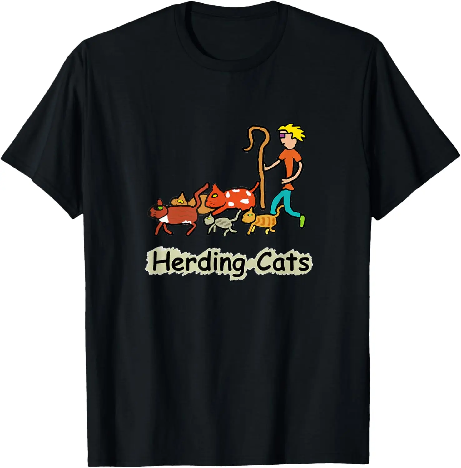 Lady's Graphic T-Shirt with Sarcastic Herding Cats Print, Vintage Distressed 100% Cotton, Short Sleeve Round Neck Streetwear for Everyday