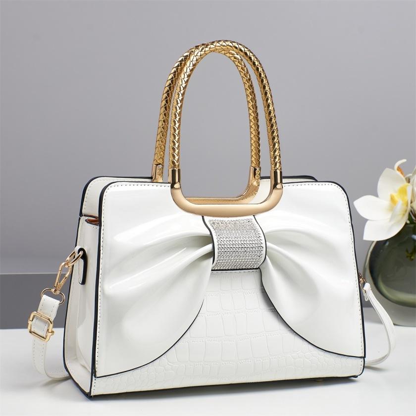 Women’s glossy leather handbag with top handle — medium-structured shoulder/handbag with adjustable strap