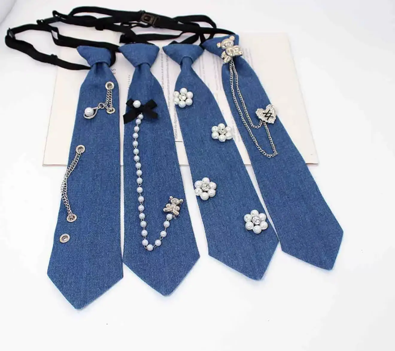 Preppy Denim Pearl Necktie