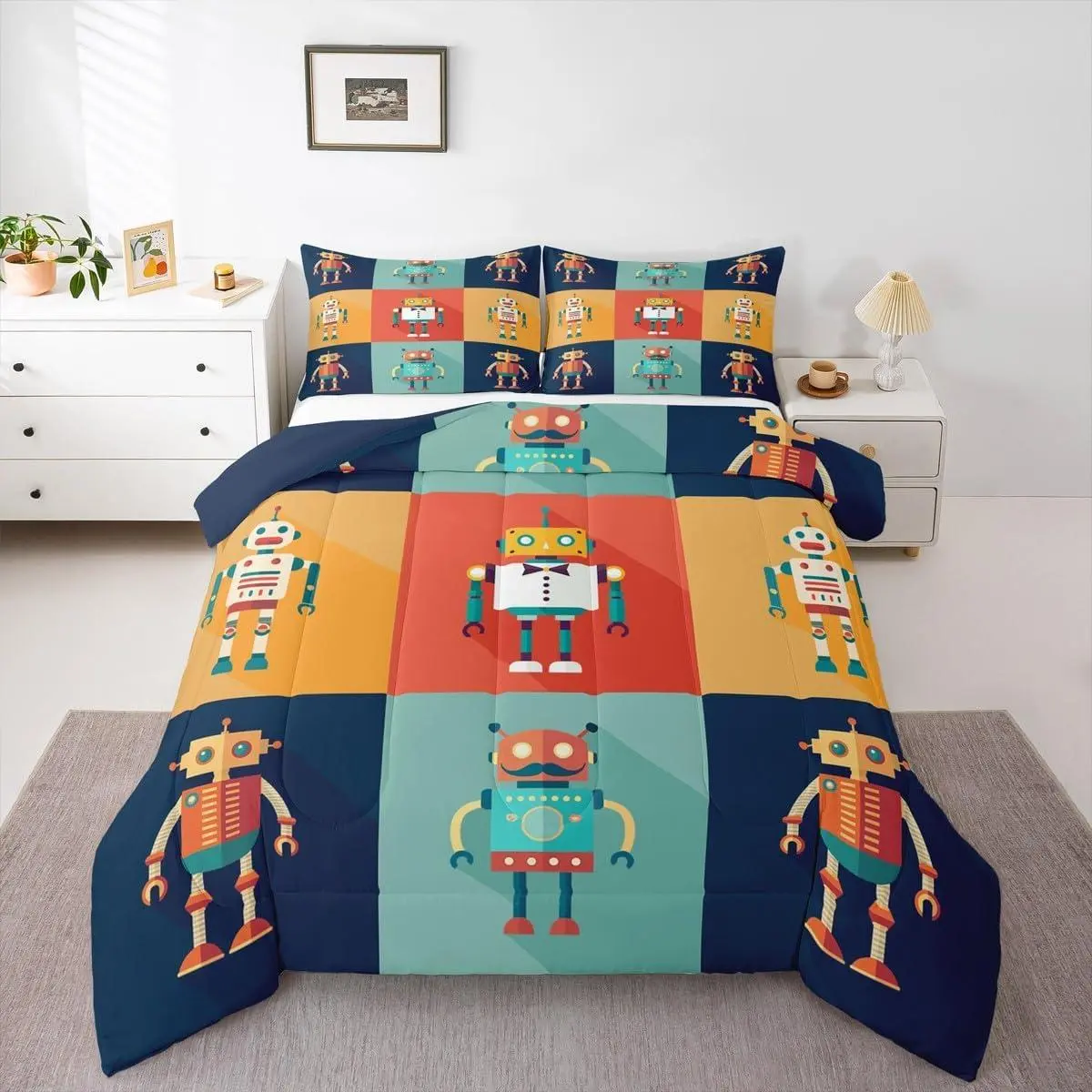 Robot Comforter,Space Robot Decor Bedding Set Bedroom,Patchwork Transformer Futuristic Machine Comforter Set Colorful Cartoon Retro Quilt Duvet Set