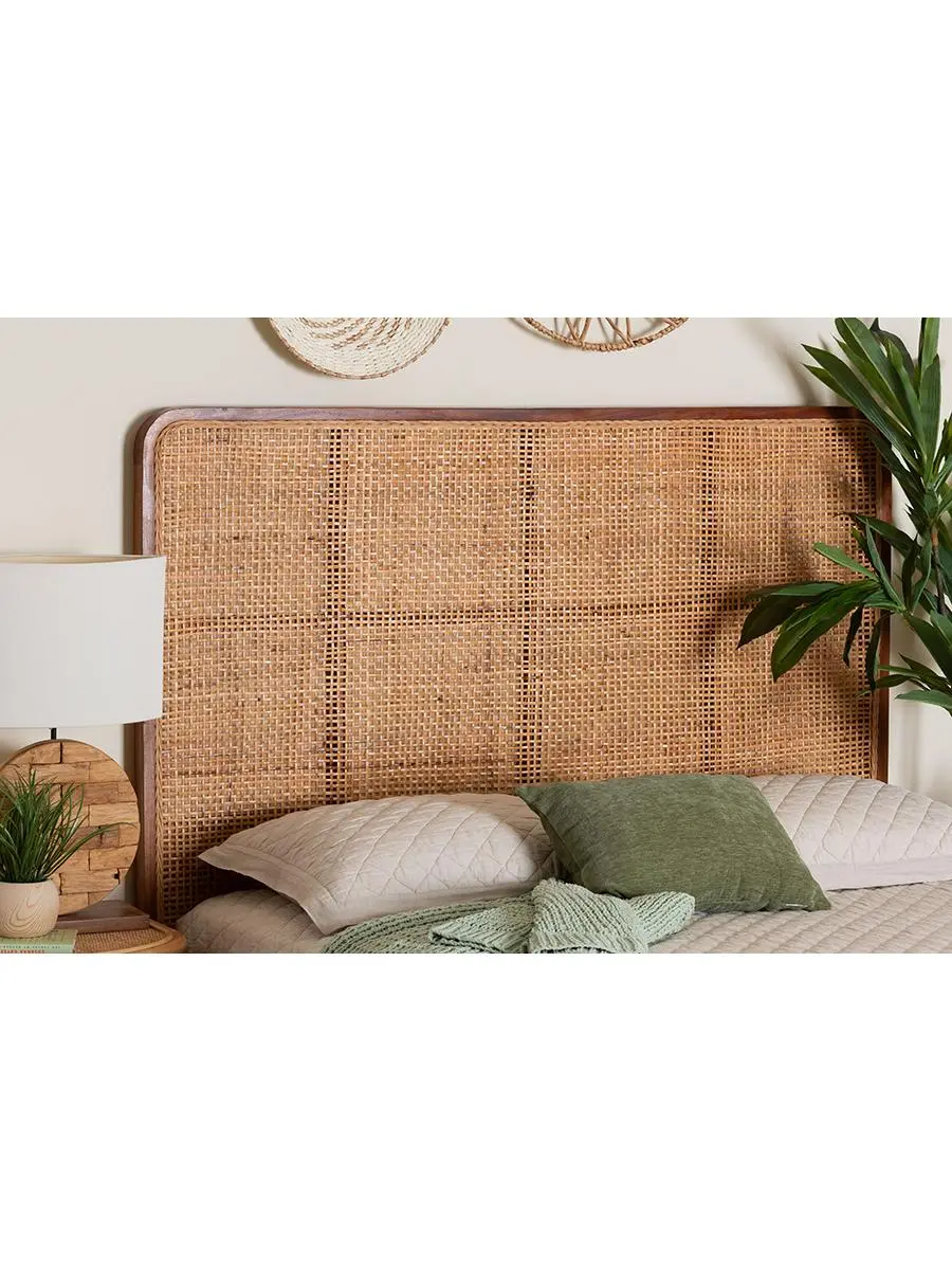 Bali & Pari Queen Size Caspia Bohemian Natural Rattan & Mahogany Wood Headboard, Curved Corner, Frame, Full Size, Mahogany Teakwood Headboard for Indoor Furniture Bed Frames, Curved Corner Headboards, Frame Headboards