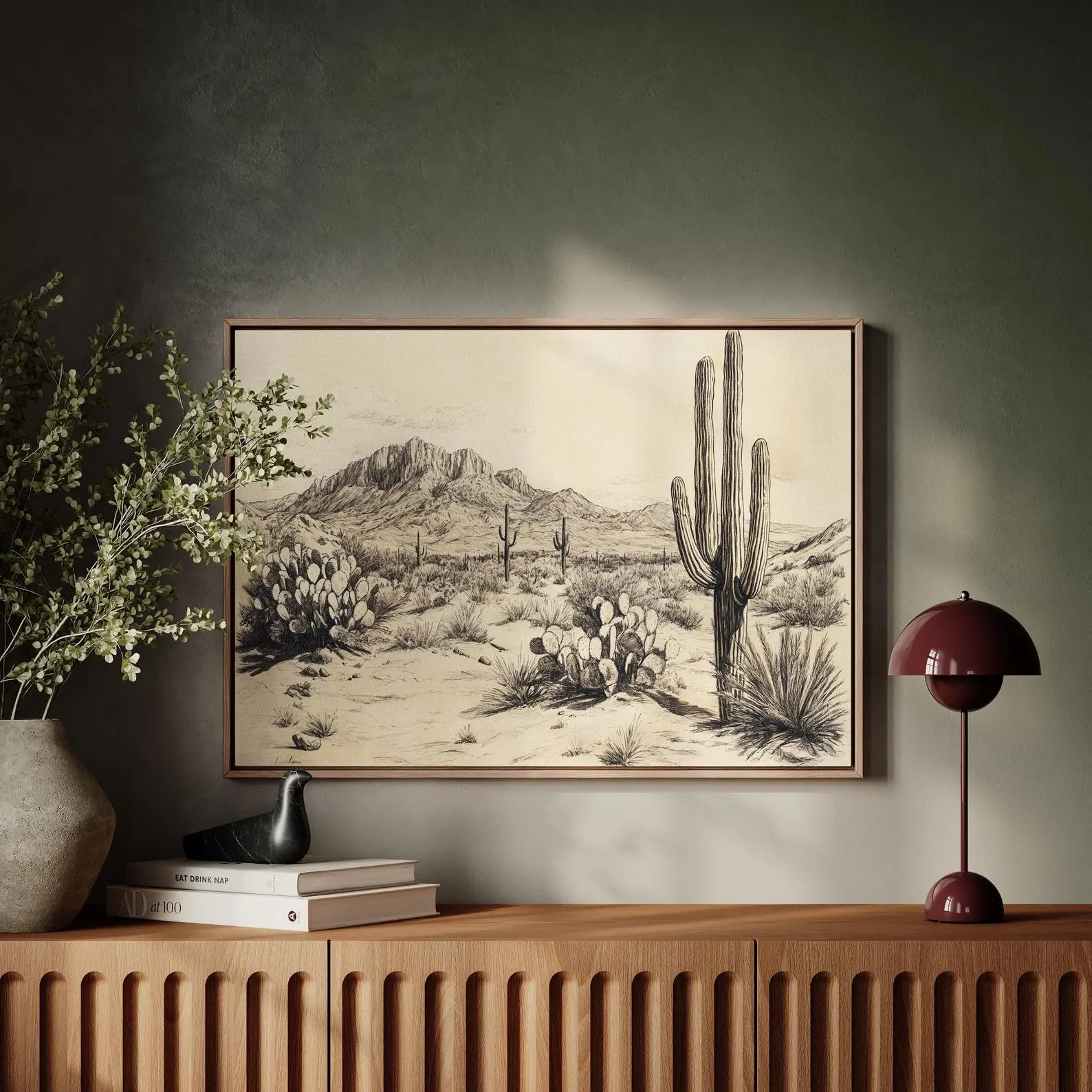 Vintage Desert Landscape Print, Saguaro Cactus Southwest Wall Art Decor