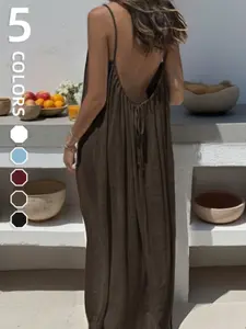 Women's Plain Backless Cardigan Dress, Spring Summer Casual Wear Sleeveless Dress, Beach Vacation Women's Clothing
