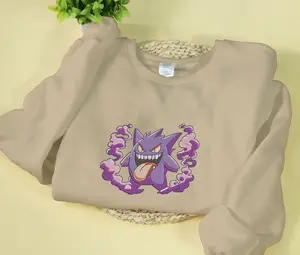 Gengar Embroidered Sweatshirt Anime Embroidery Sweater Shirt Gifts for Christmas Birthday, Ghost Gengar Embroidered Sweatshirt Anime Embroidered Gengar Sweater Gengar Shirt Gift Casual Menswear