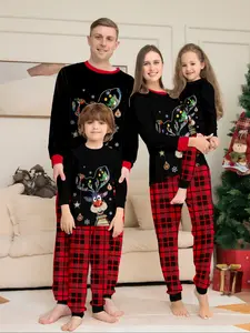 Plaid Fun Reindeer Christmas Family Pajama Set, Funny Reindeer Full Print Design, Comfortable Skin-Friendly Home Wear