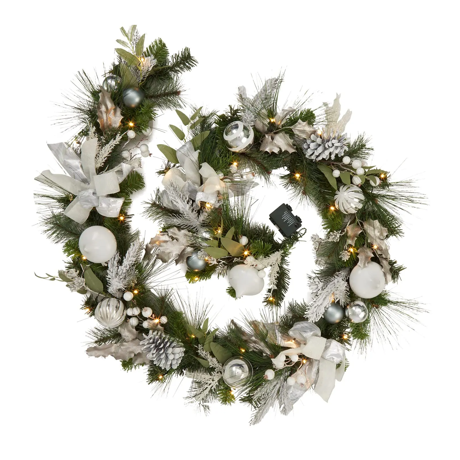 9ft Christmas Garland for Mantle,Pre-Lit Christmas Garland with Battery Operated 40 LED Lights Timer Ball Ornaments for Outdoor Fireplace Table Stair