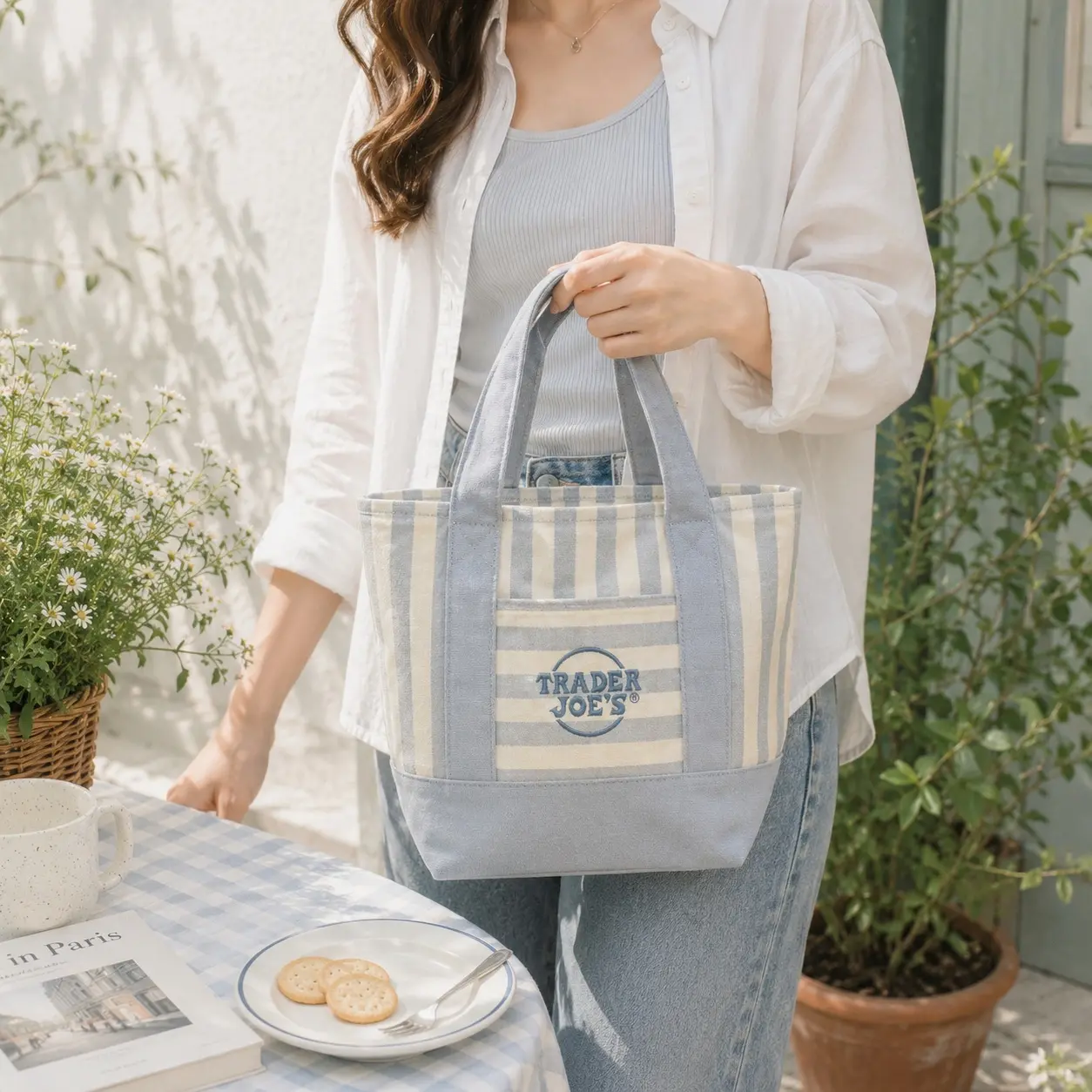 Trader Joe’s 2026 Mini Canvas Tote Bag - Striped Summer Collection, Reusable Small Tote with Side Pockets, 13x11x6 Inches