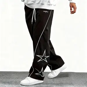 Men's Star Print Wide Leg Casual Pants Trendy Street Style Jogger with Drawstring Loose Straight Sports Bottoms