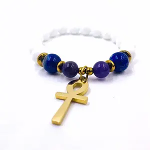 Spiritual Crystal Ankh Bracelet w/White Jade Amethyst Lapis Lazuli